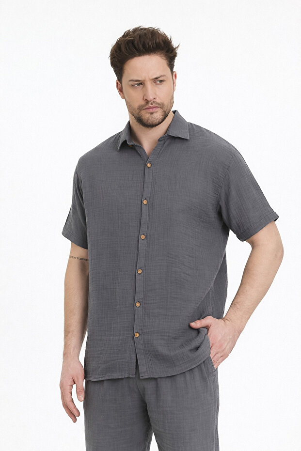 Muslin Shirt - Men's Muslin Short-Sleeve Collared Shirt - 4040