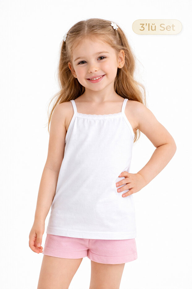 Girl's 3-Piece White Strappy Undershirt 100% Cotton Breathable Soft Underwear
