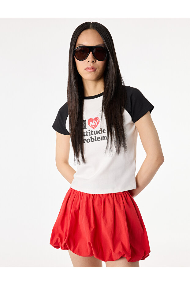Cotton Slim Fit Short Raglan Sleeves Crew Neck Slogan Printed T-Shirt
