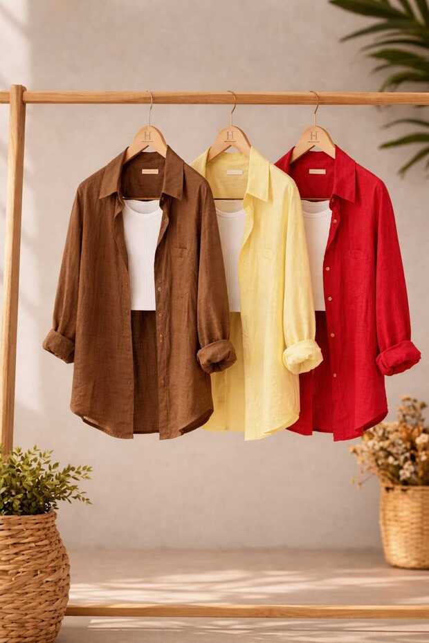 3-Pack Dark Brown Yellow Red Oversized Flared Linen Textured 100% Cotton Single Pocket Casual Shirt