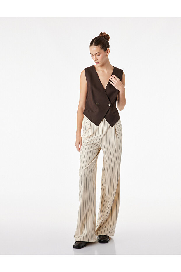Striped Pocket Detailed Viscose Blend High Waist Palazzo Trousers