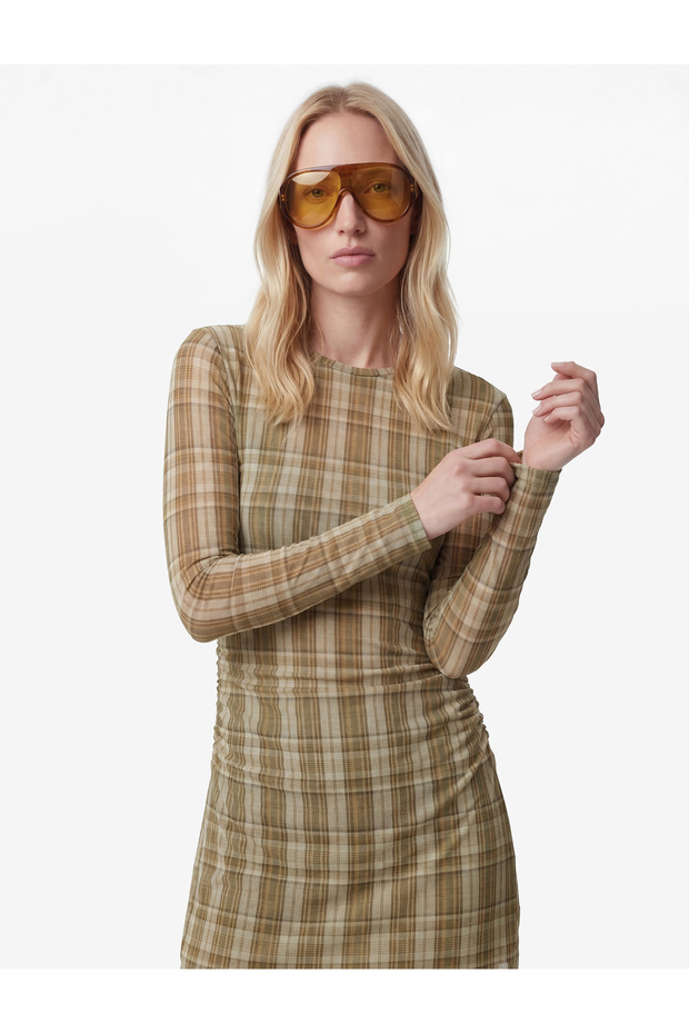 Slim Fit Long Sleeve Round Neck Draped Detailed Mini Plaid Tulle Dress