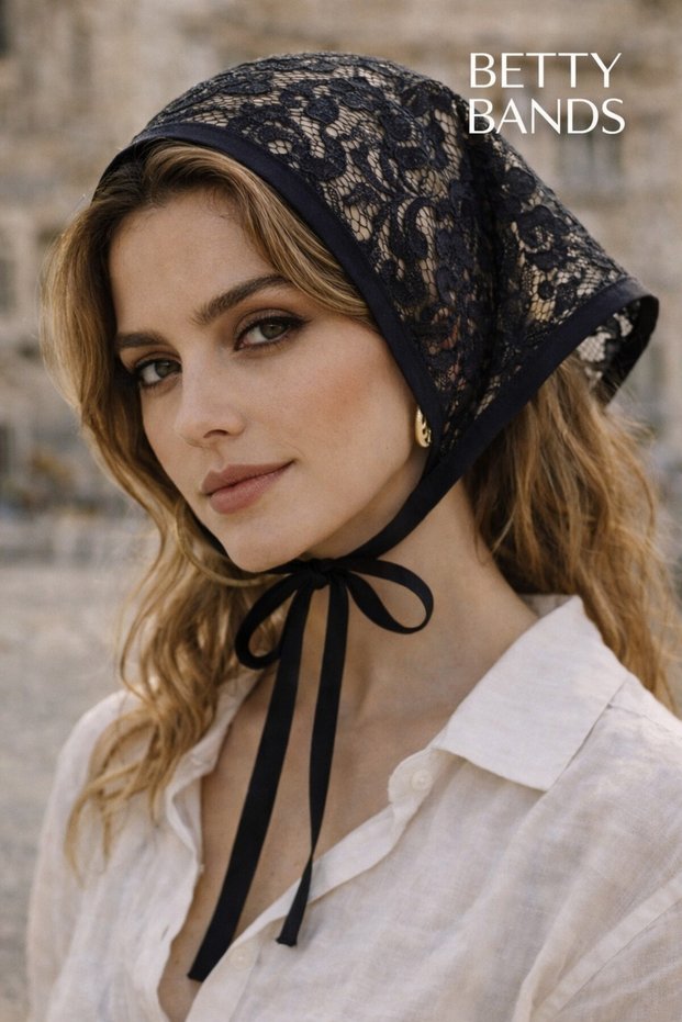 Betty Bands Black Lace Tulle Bandana – Stylish Hair Accessory with Tie | Vintage & Romantic Style