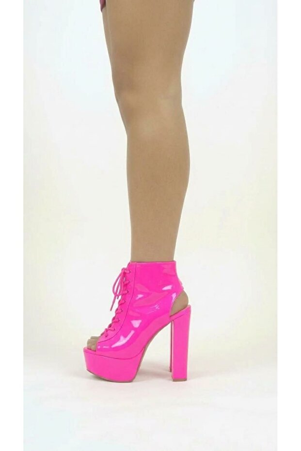 Elara Neon Pink Patent Leather Platform Open Back Design Women's Shoes