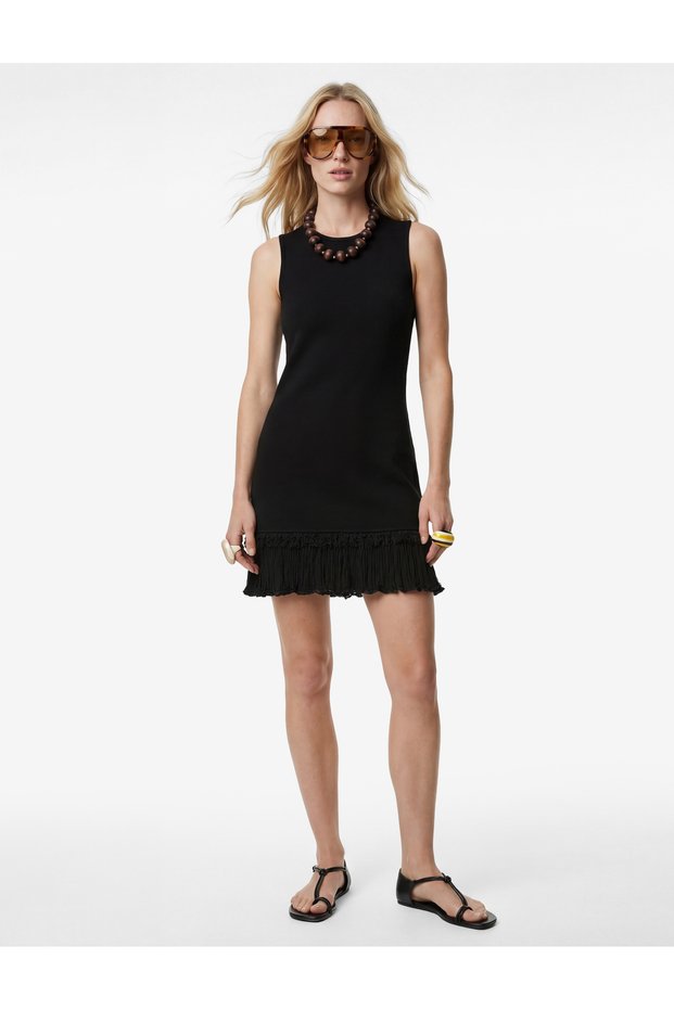 Ruffled Crew Neck Sleeveless Viscose Knitwear Mini Dress with Tassel Detail at the Hem