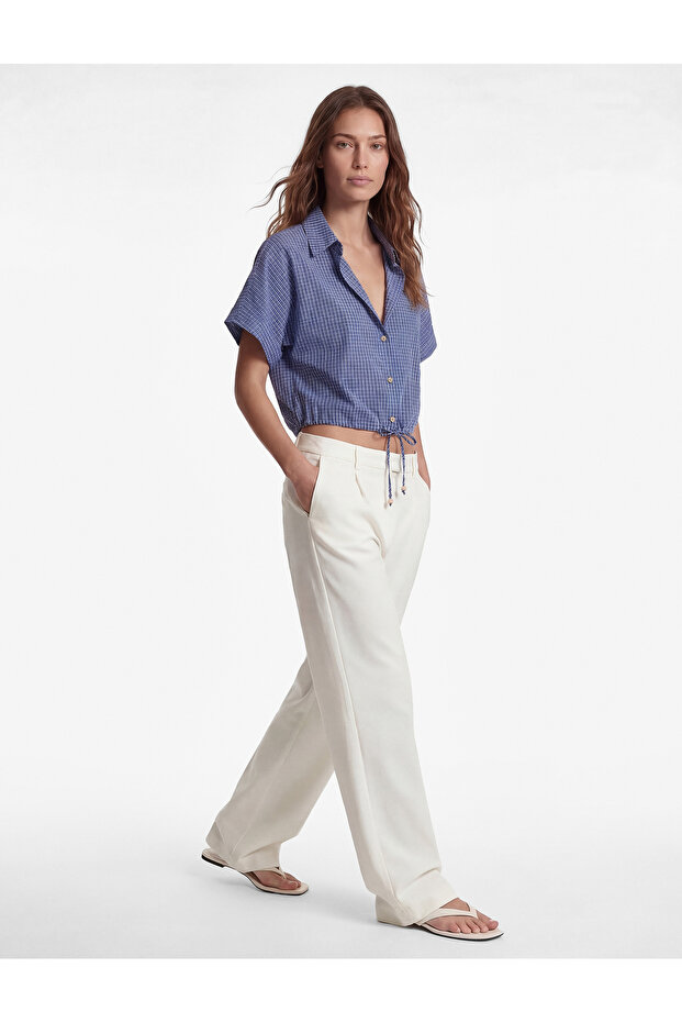 Cotton Buttoned Short Sleeve Oversized Checkered Crop Shirt with Tie-Waist Detail