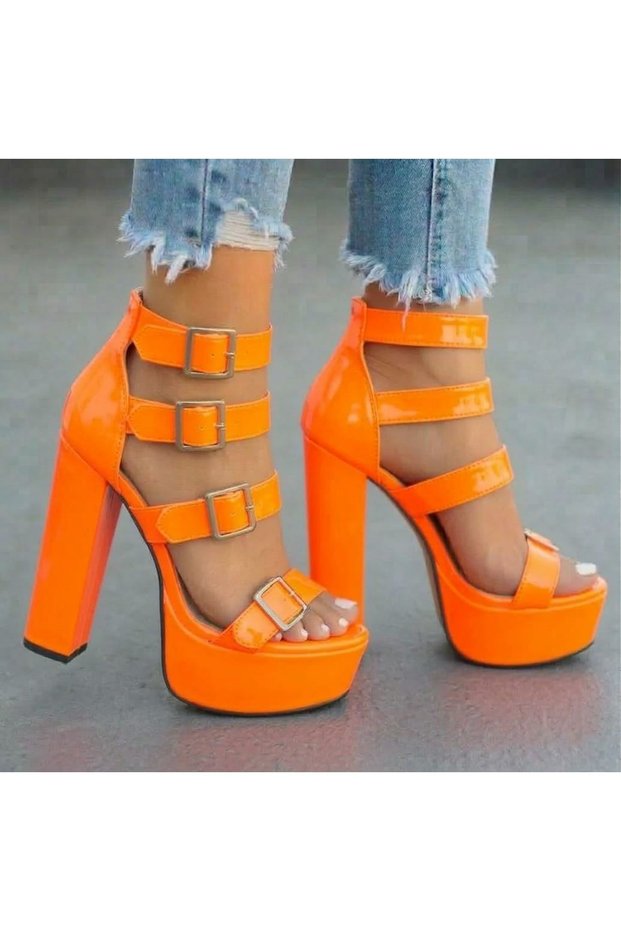 Vesper Women's Orange Patent Leather Buckle Heeled Shoes