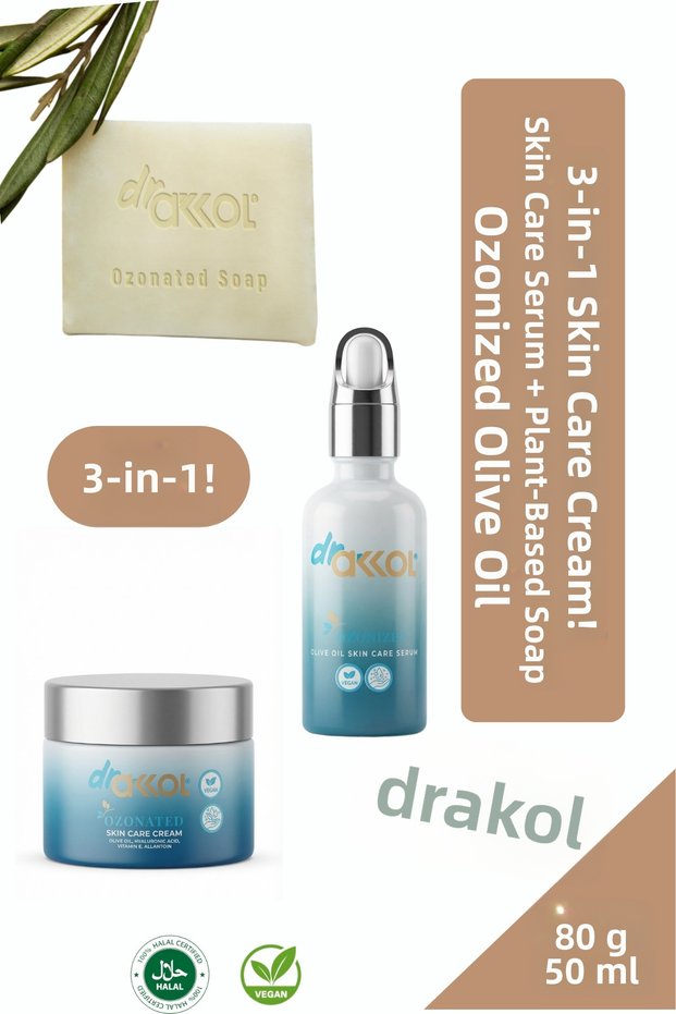 Ozonated Olive Oil Serum + Cream + Soap 3 in 1. Natural, Vegan, Anti-Aging