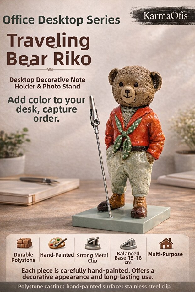 Traveler Bear Riko Note Holder & Photo Stand |   Decorative Desktop Organizer |   Hand Painted Figurine