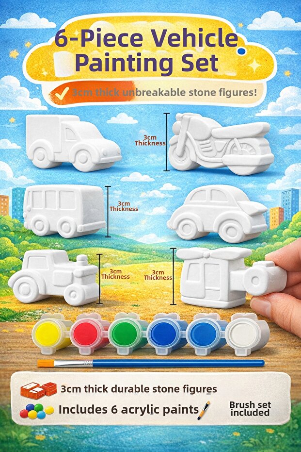 6 Pieces (3D) Stone Painting Set with Cute Vehicles Figures Child Development Activity Set Zoo Stone Painting