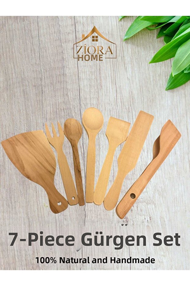 Gürgen Handmade Spoon Set, Wooden Spoon, Spatula, Fork, Tongs, Dough Cutting Kitchen Set 7 Pieces