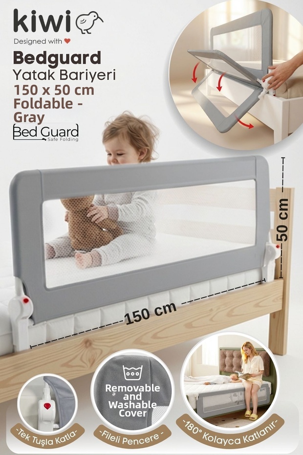 Baby Safety Bed Barrier – Foldable Child Sleeping Bed Guardrail, Anti-Fall – 150X50 Gray