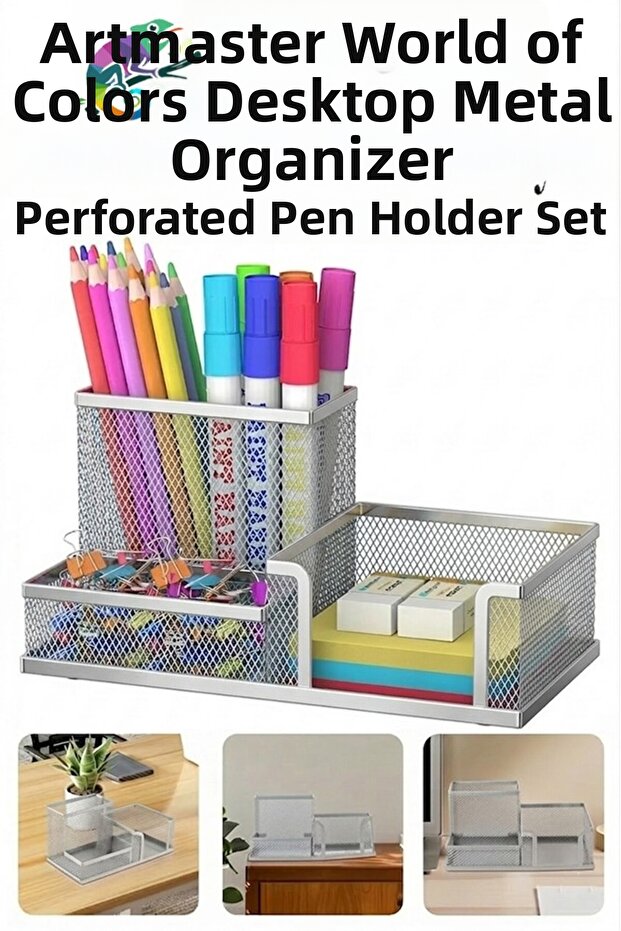 Silver Gray Desktop Metal Pen Holder Set 3-Piece Combo 1 Pack Mesh Perforated Colorful Pen Holder Paper Holder Container