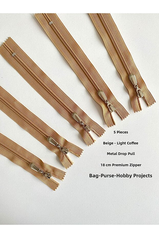 5 Pieces of Beige, Light Brown Metal Zipper with Handle, Quality 18 cm Zipper for Bags, Wallets, Hobby Projects