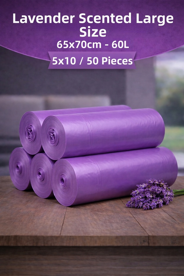 Drawstring Large Size Lavender Scented Garbage Bags 10 Pieces 5 Rolls 65X70 Garbage Bags 60 Liters