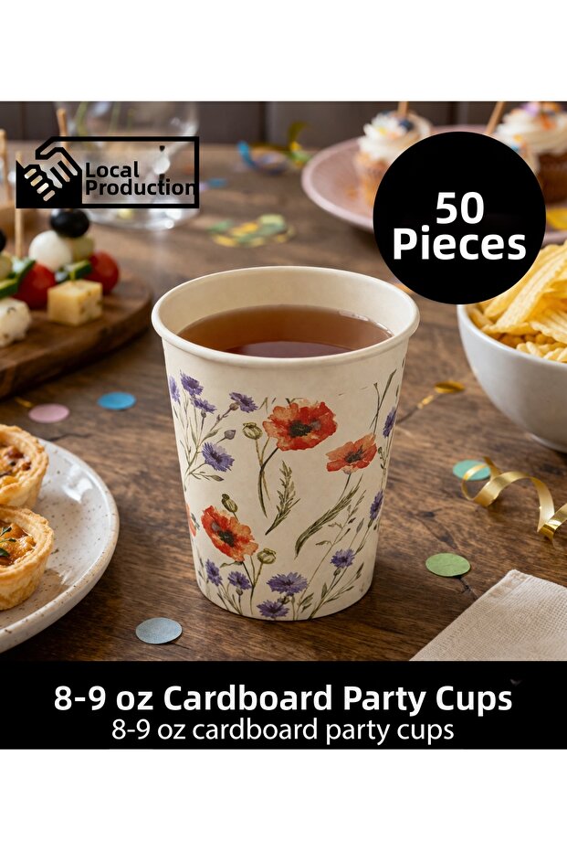 Poppy and Wildflower Patterned 8-9 oz Stylish Invitation and Organization Cardboard Party Cups (50 Pieces)