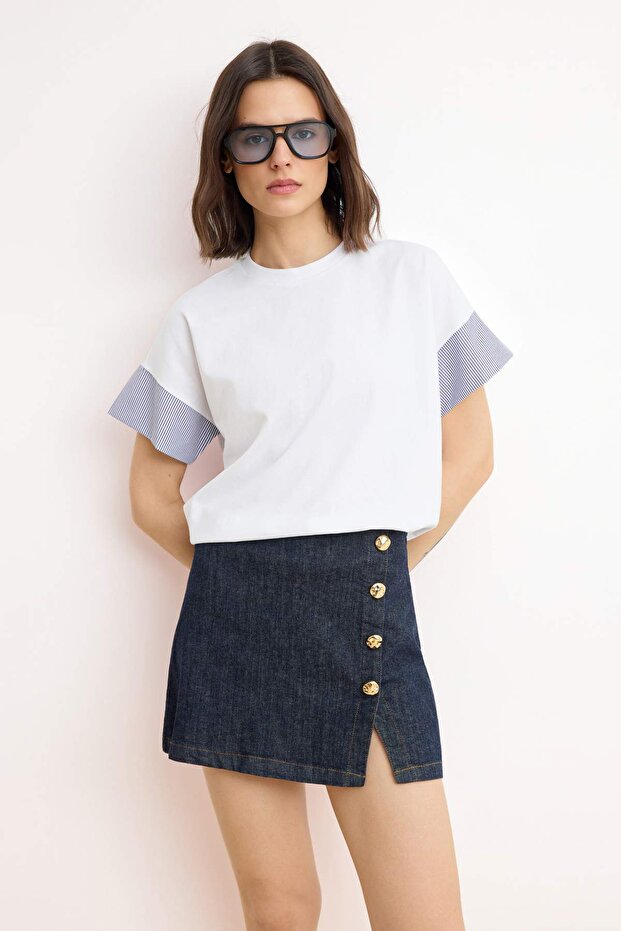 Beyaz Kalın Pamuklu Relaxed/Rahat Kesim Poplin Kol Detaylı Örme T-Shirt TWOSS24TS00007 - 2