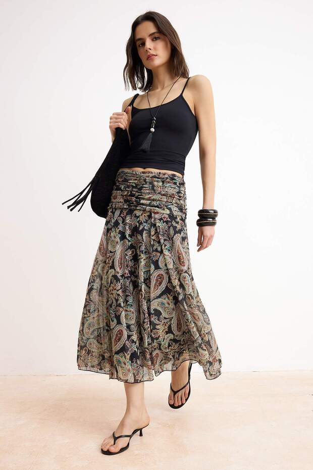 Çok Renkli Maxi Büzgü/Drape Detaylı Boho/Boho Chic Basklılı Tül Esnek Örme Etek TWOAW26ET00122 - 1