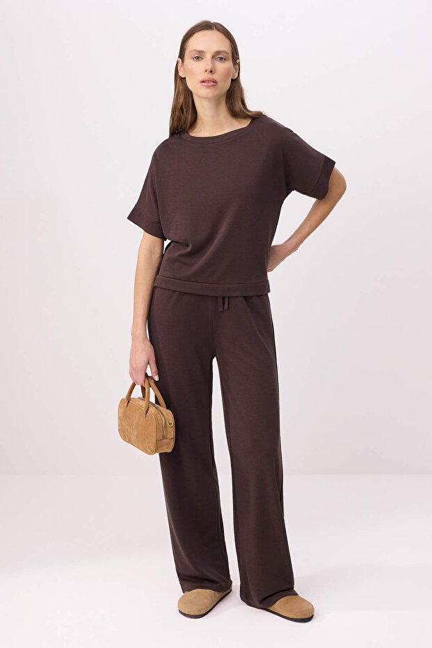 Brown Wide Leg Short Sleeve Wide Leg Long Soft Touch Knitted Bottom Top Set Twoss26Au00143
