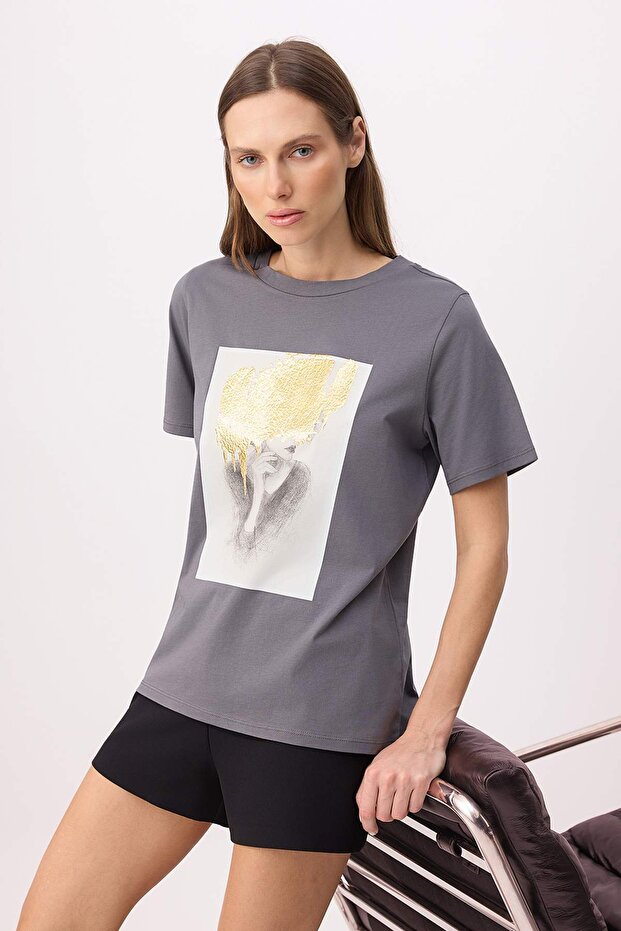 Anthracite Regular/Normal Fit Short Sleeve Foil Printed 100% Cotton Knitted T-Shirt Twoss26Ts00073