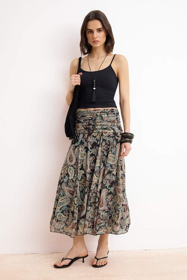 Çok Renkli Maxi Büzgü/Drape Detaylı Boho/Boho Chic Basklılı Tül Esnek Örme Etek TWOAW26ET00122 - 2