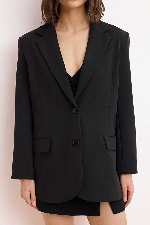 Černá tkaná oversize bunda TWOAW24BC00107 - 3