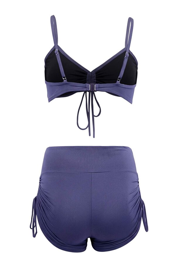 Mavi Bralette Kaplı Tünelli Şortlu Yüksek Bel Bikini Takımı TBESS25BT00088 - 5