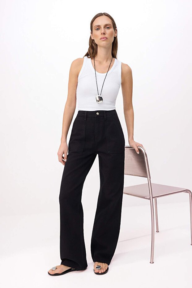 Siyah Cep Detaylı Yüksek Bel Wide Leg Jeans TWOAW22JE0595 - 2