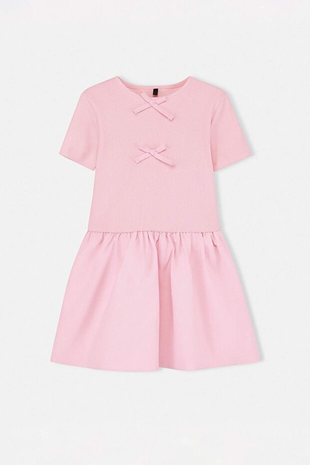 Pembe Kız Çocuk Kısa / Mini Fiyonk Detaylı Düz Örme Elbise TKDSS26EL00014 - 2
