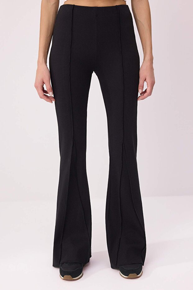 Siyah Flare/İspanyol Paça Yüksek Bel Fitilli Esnek Örme Pantolon TWOSS26PL00115 - 3