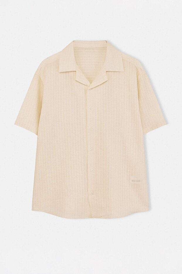 Ekru Oversize Fit Dokulu Kısa Kollu Erkek Gömlek TMNSS26GO00020 - 4