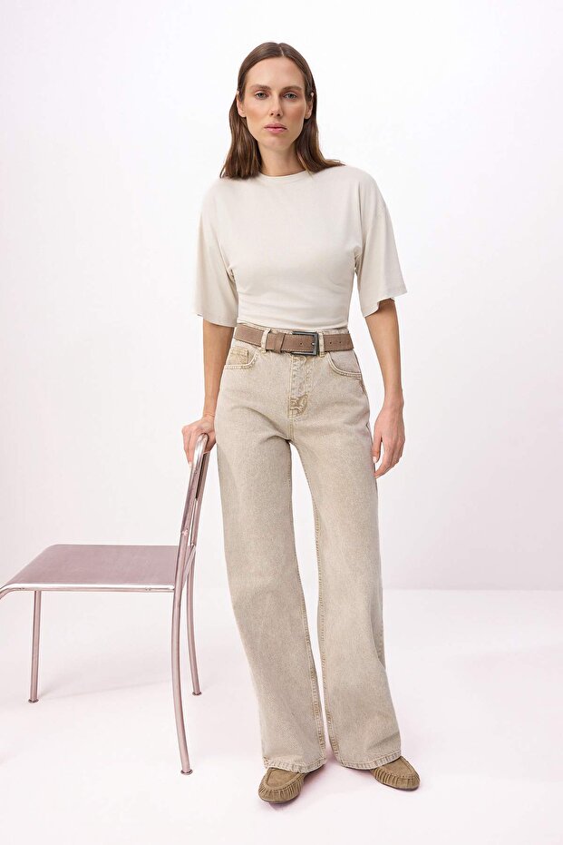 Bej Yüksek Bel %100 Pamuk Wide Leg Geniş Paça Jeans TWOSS26JE00181 - 2