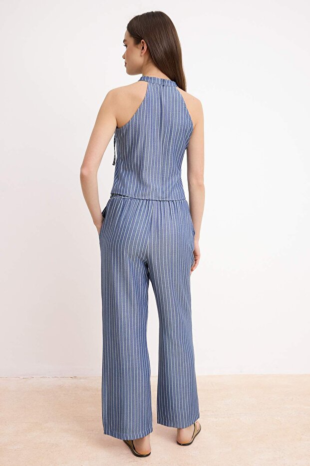 Lacivert Çizgili Halter Yaka Bluz Pantolon Dokuma Alt - Üst Takım TWOSS26AU00096 - 4