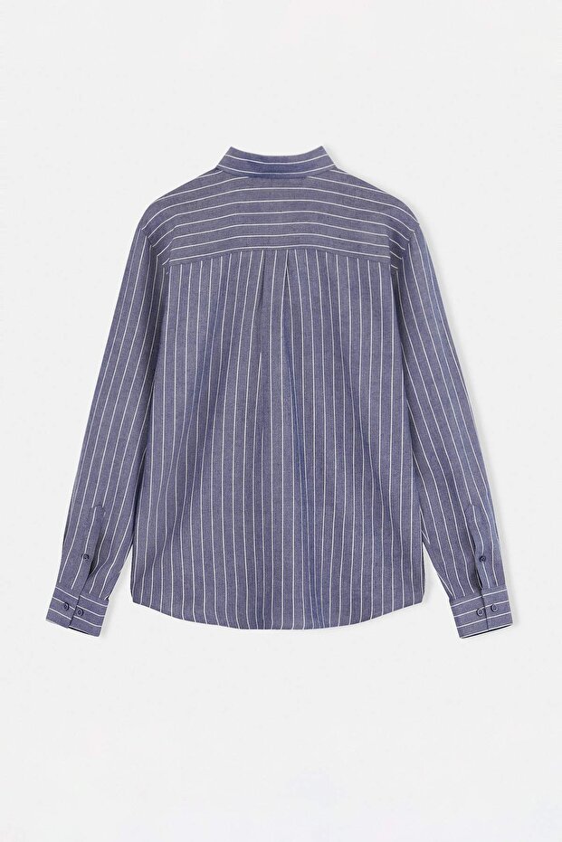 Lacivert Normal Kalıp/Regular Fit Çizgili Keten Dokuma Erkek Gömlek TMNSS26GO00017 - 6