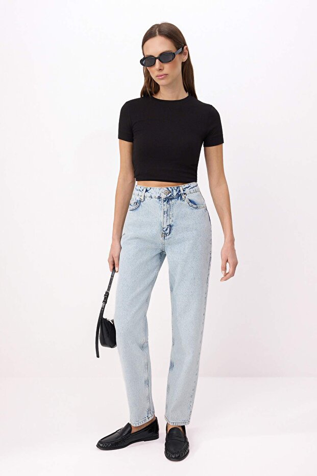 Açık Mavi Yüksek Bel Mom %100 Pamuk Non-Stretch Jeans TWOSS23JE00085 - 1