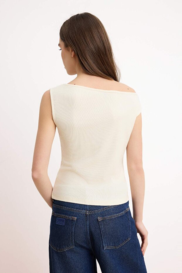 Taş Fitted/Vücuda Oturan Asimetrik Yaka Kolsuz Büzgülü Fitilli Esnek Modal Örme Bluz TWOSS26BZ00474 - 4