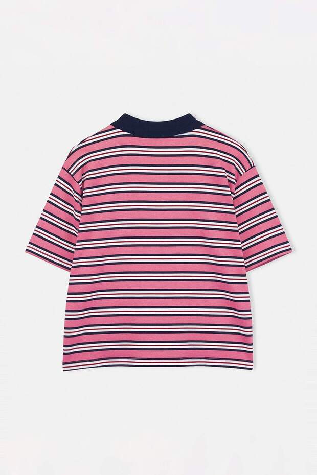 Pembe Polo Yaka Çizgili Crop Örme Büyük Beden Bluz TBBSS26AF00120 - 7