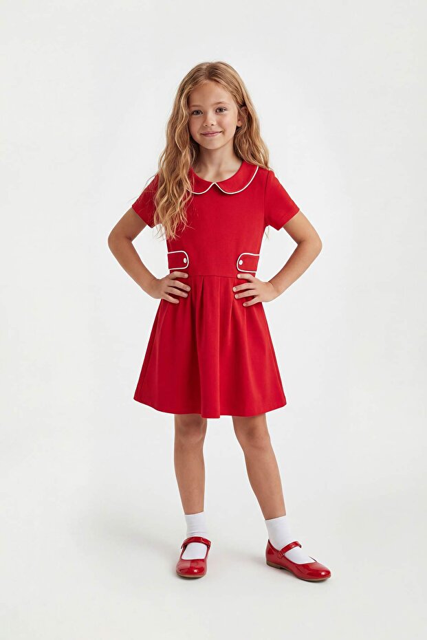 Kırmızı Bebe Yaka Kız Çocuk 23 Nisan Kısa/ Mini Örme Elbise TKDSS26EL00003 - 1