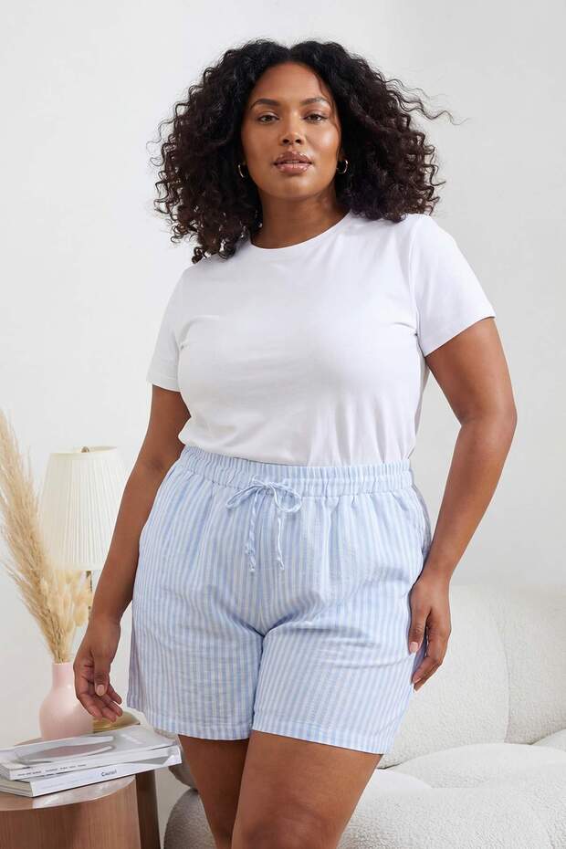 Mavi Çizgili Şort-Pantolon Paket Dokuma Büyük Beden Pijama Altı TBBSS26IA00009 - 7