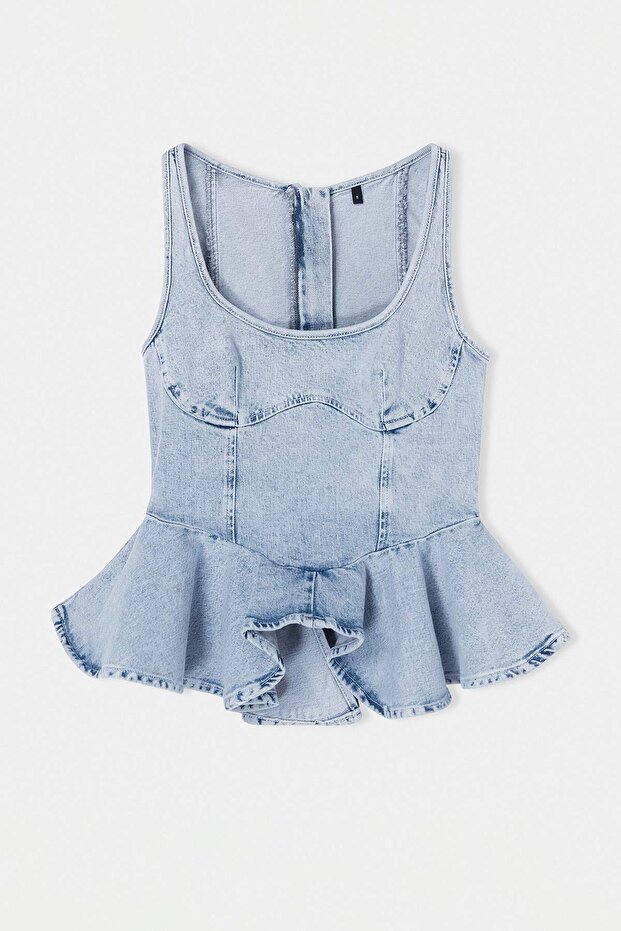 Limited Edition Açık Mavi Volanlı Az Esnek Denim Bluz TWOSS26BZ00576 - 6