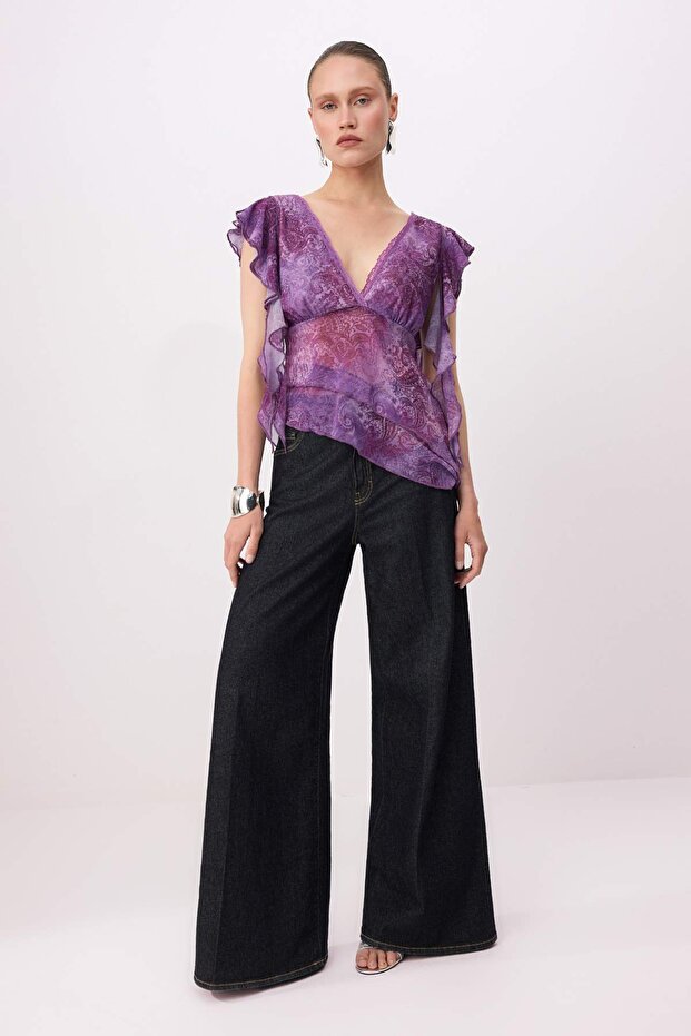 Pembe-Çok Renkli Dantel Garnili Boho Asimetrik Kesim Tül Party Bluz TPRSS26BZ00028 - 2