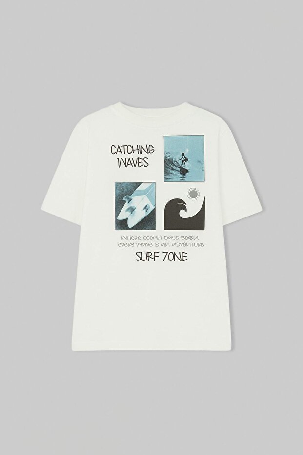 Ekru-Mavi Erkek Çocuk Baskılı Örme T-Shirt TKDSS26TS00033 - 13