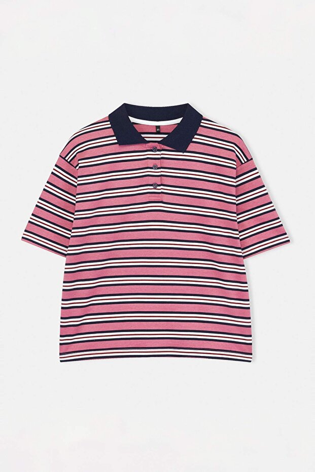 Pembe Polo Yaka Çizgili Crop Örme Büyük Beden Bluz TBBSS26AF00120 - 5
