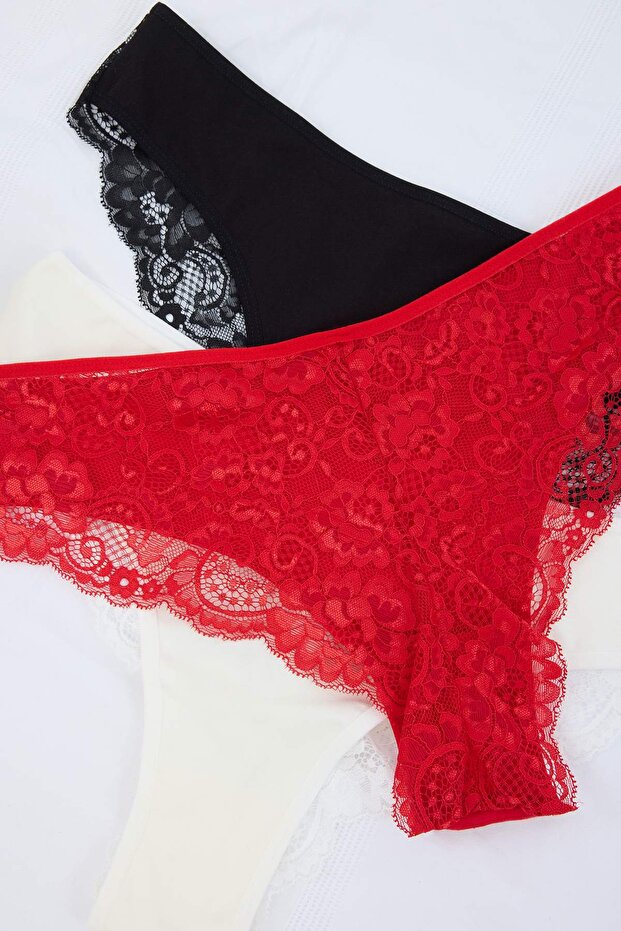 Siyah-Kırmızı-Ten 3'lü Paket Pamuklu Dantel Detaylı Tanga Örme Külot TBBSS26CM00026 - 7