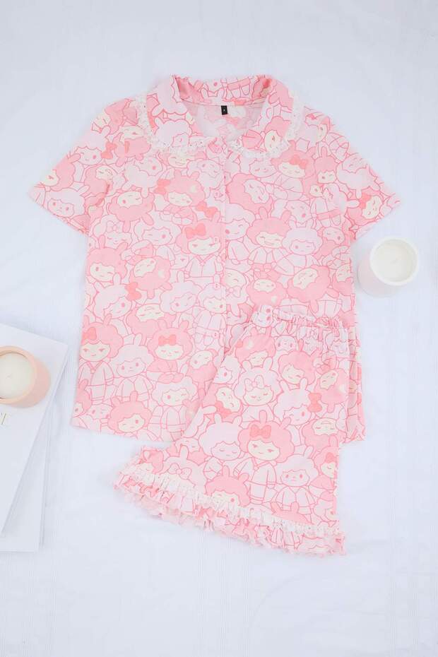 Teen Pembe %100 Pamuklu Eğlenceli Baskı Brodeli Örme Pijama Takımı THMSS26PT00150 - 5