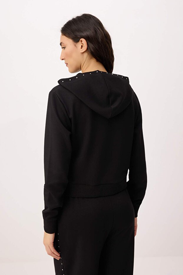 Siyah Regular/Normal Kalıp Kapüşonlu Aksesuar Detaylı Örme Sweatshirt TWOSS26SW00012 - 4