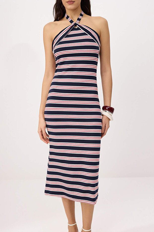 Çok Renkli Çizgili Bodycon Boyundan Bağlamalı Kolsuz Yumuşak Örme Elbise TWOSS26EL00568 - 3