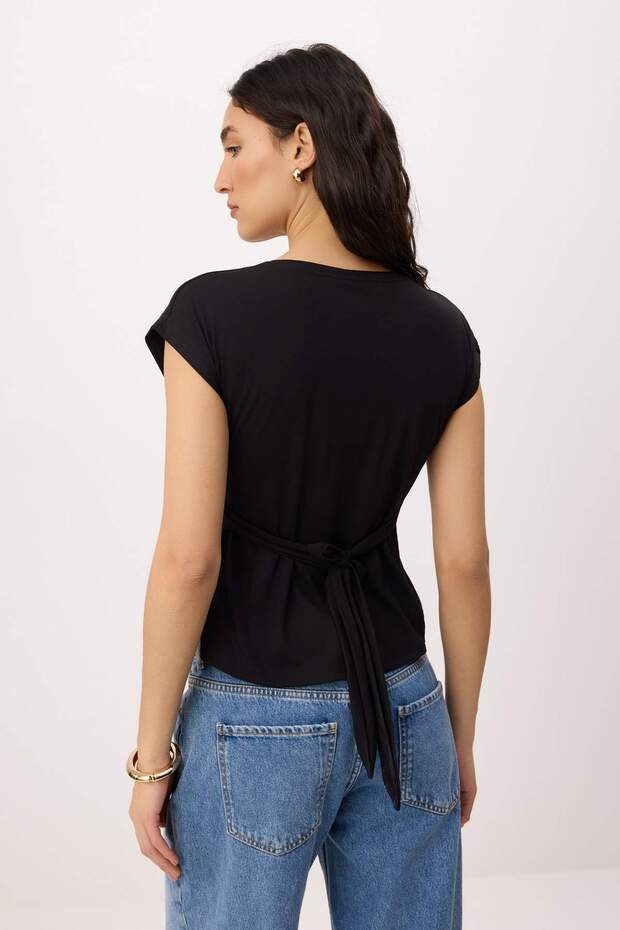 Siyah Fitted/Vücuda Oturan V Yaka Düğmeli Düşük Kol Kısa Kollu Yumuşak Örme Bluz TWOSS26BZ00711 - 4