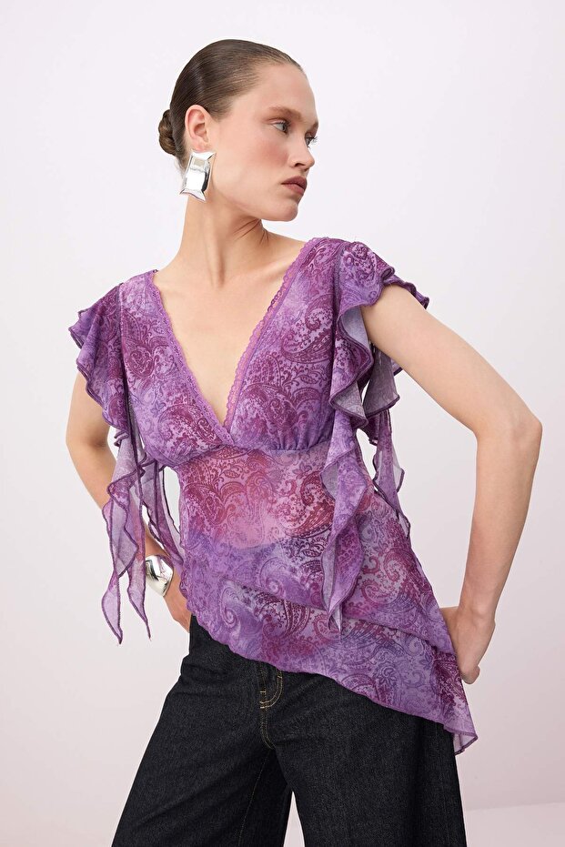 Pembe-Çok Renkli Dantel Garnili Boho Asimetrik Kesim Tül Party Bluz TPRSS26BZ00028 - 1