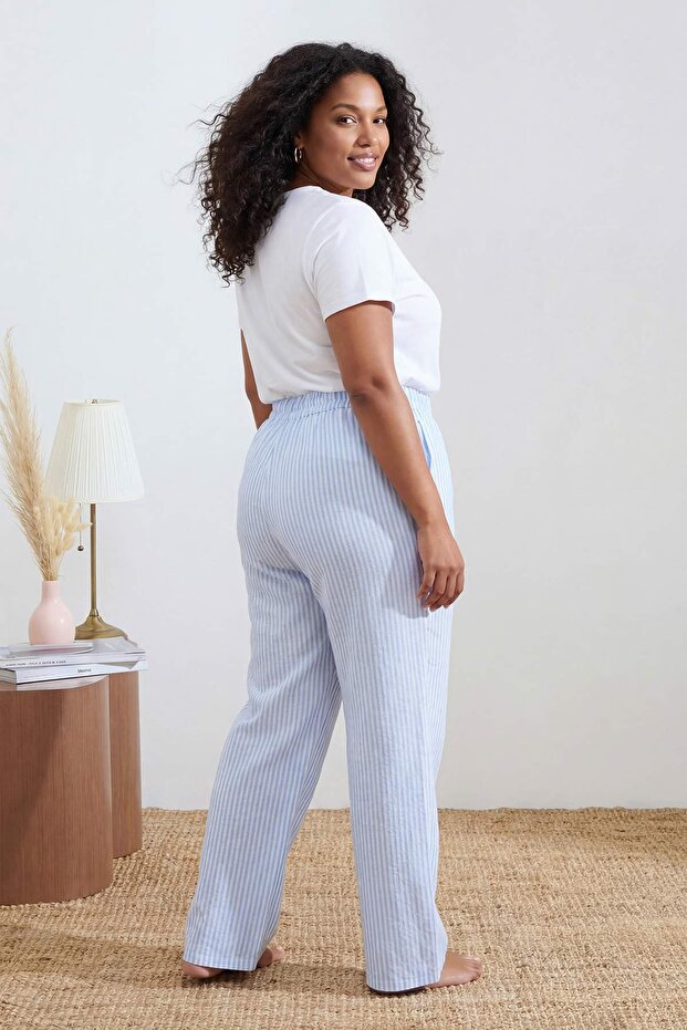 Mavi Çizgili Şort-Pantolon Paket Dokuma Büyük Beden Pijama Altı TBBSS26IA00009 - 4